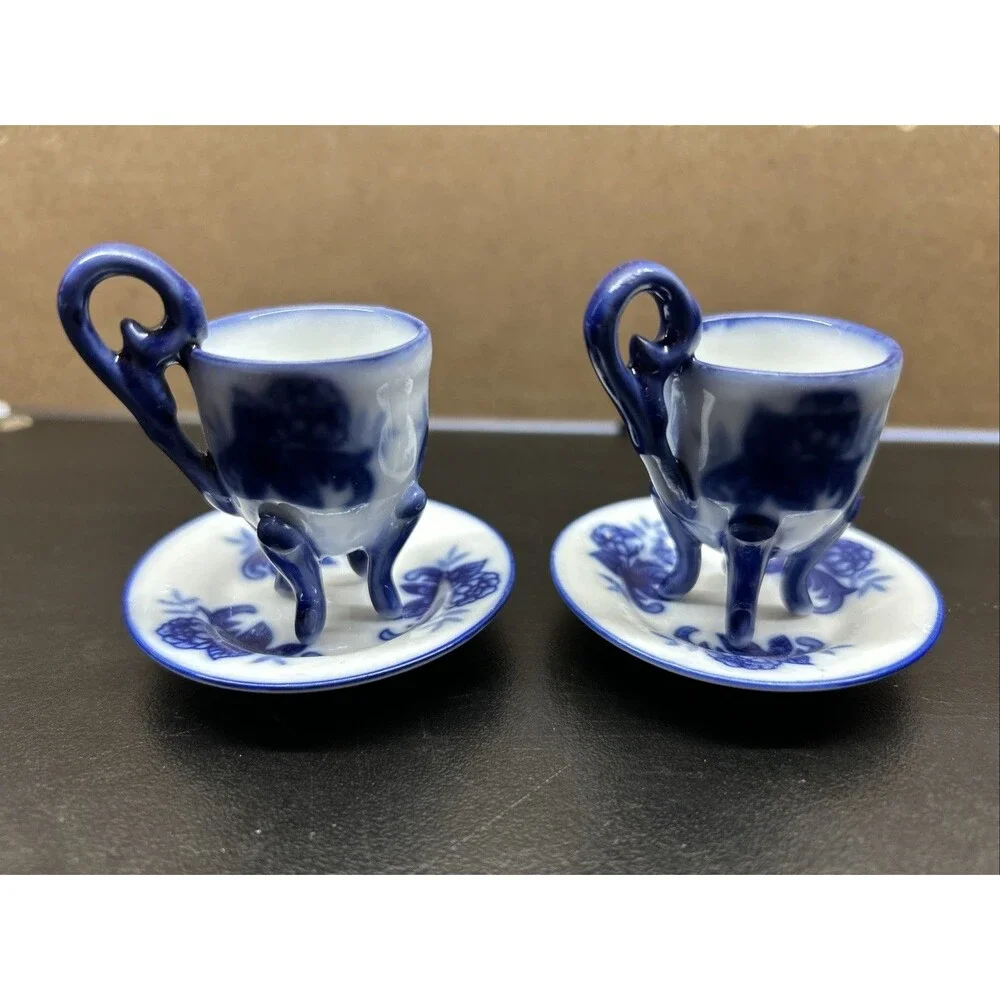Miniature Blue & White Chinoiserie Porcelain Tea Set w/ Platter